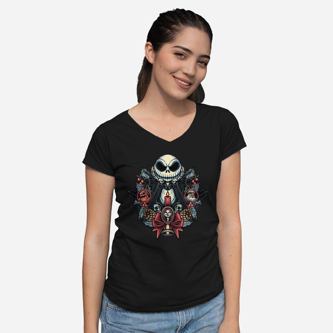 Christmas Jack-Womens-V-Neck-Tee-momma_gorilla