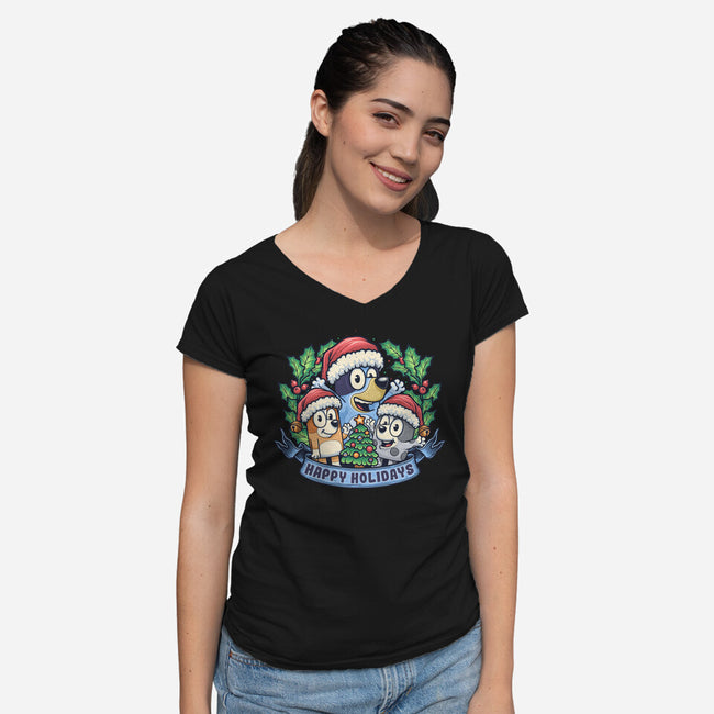 Bluey Holidays-Womens-V-Neck-Tee-momma_gorilla