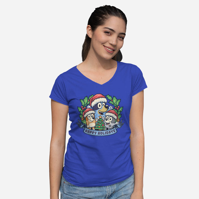 Bluey Holidays-Womens-V-Neck-Tee-momma_gorilla