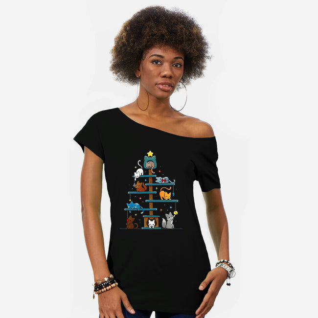 Christmas Tree House Cats-Womens-Off Shoulder-Tee-Vallina84