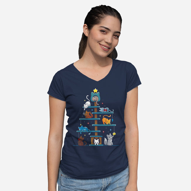 Christmas Tree House Cats-Womens-V-Neck-Tee-Vallina84