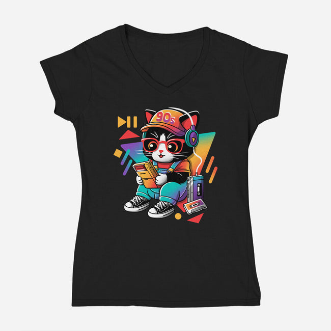 90s Cat Child-Womens-V-Neck-Tee-NemiMakeit