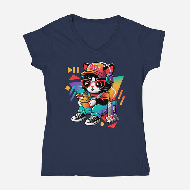 90s Cat Child-Womens-V-Neck-Tee-NemiMakeit