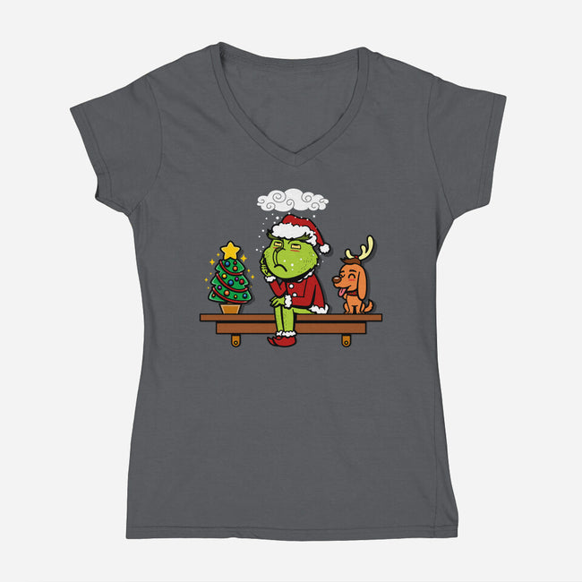 Grinch On The Shelf-Womens-V-Neck-Tee-Boggs Nicolas