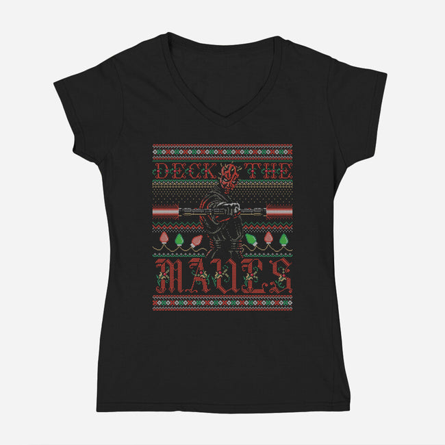 Deck The Mauls-Womens-V-Neck-Tee-Wheels