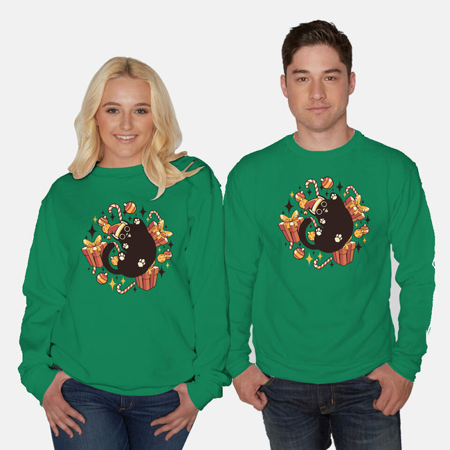 Xmas Kawaii Black Kitten-Unisex-Crew Neck-Sweatshirt-tobefonseca