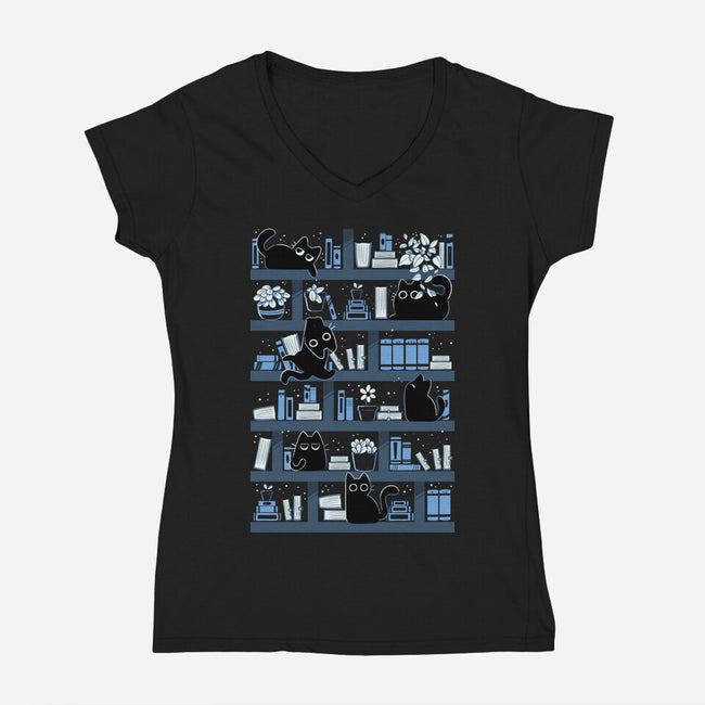 Purrfect Library-Womens-V-Neck-Tee-tobefonseca