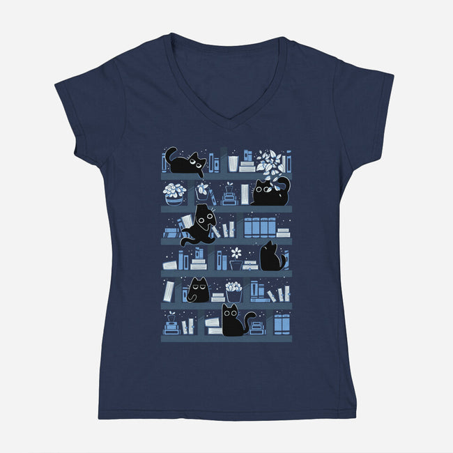 Purrfect Library-Womens-V-Neck-Tee-tobefonseca