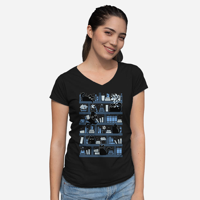 Purrfect Library-Womens-V-Neck-Tee-tobefonseca