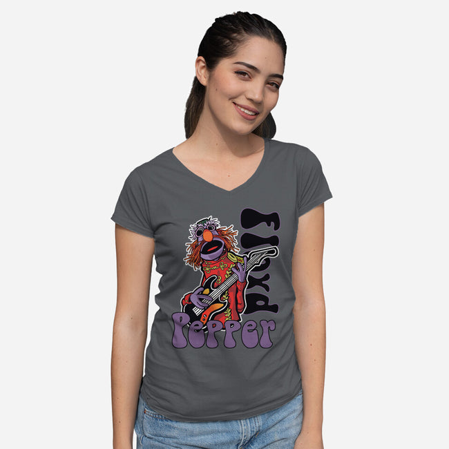 Floyd Pepper-Womens-V-Neck-Tee-Action Nate