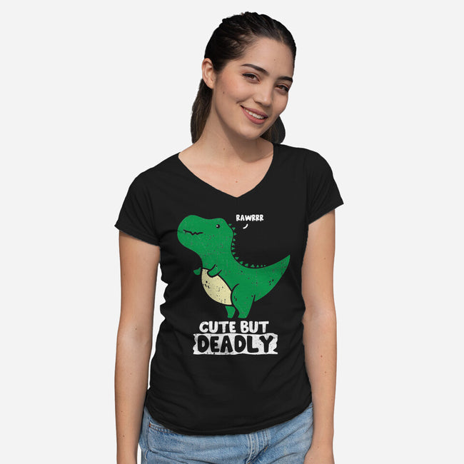 Cute But Deadly T-Rex-Womens-V-Neck-Tee-turborat14