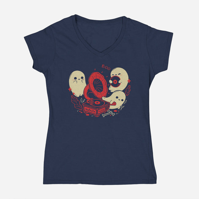 Spooky Cute Gramophone Ghosts-Womens-V-Neck-Tee-xMorfina