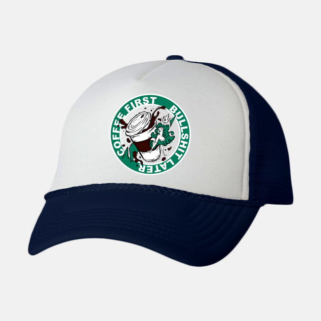 Coffee First BS Later-Unisex-Trucker-Hat-Coppernix