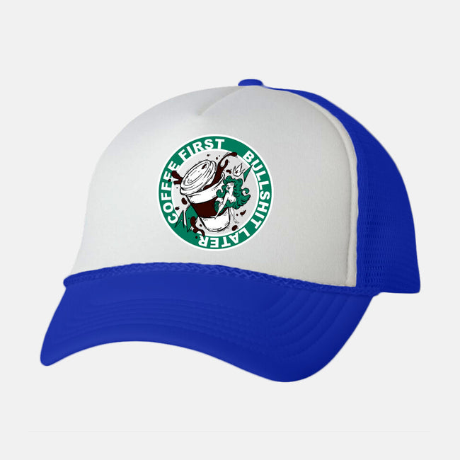 Coffee First BS Later-Unisex-Trucker-Hat-Coppernix