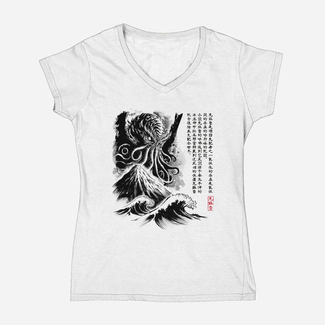 Great Old One Sumi-e-Womens-V-Neck-Tee-DrMonekers