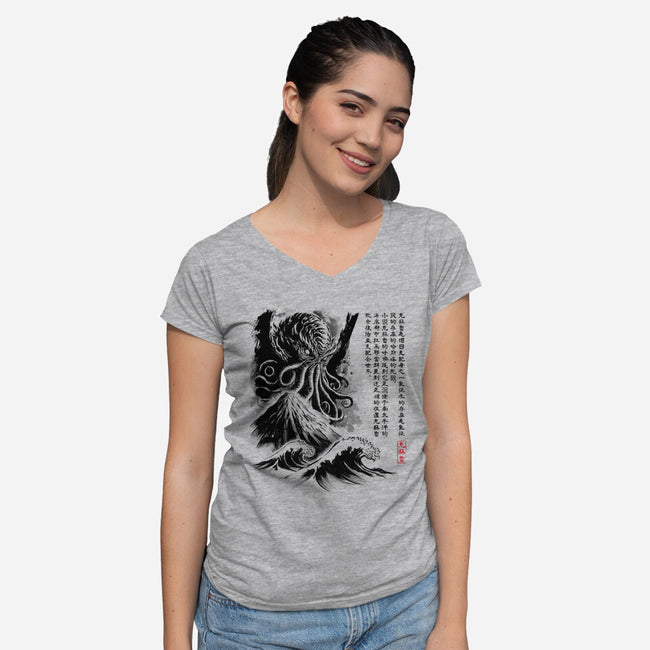 Great Old One Sumi-e-Womens-V-Neck-Tee-DrMonekers