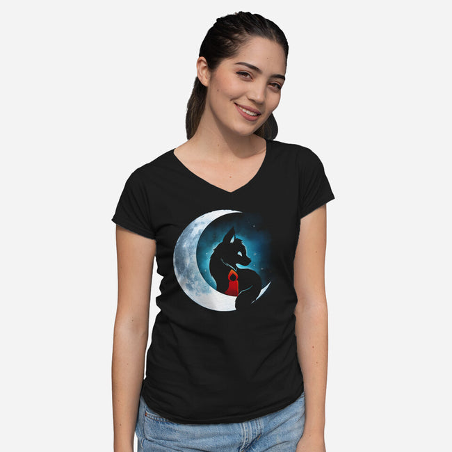 Red Wolf Moon-Womens-V-Neck-Tee-Vallina84