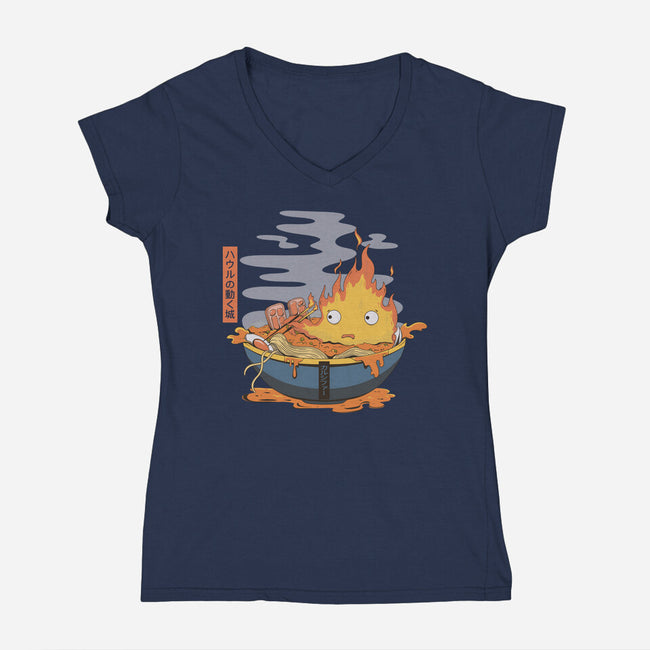 Calcifer Ramen-Womens-V-Neck-Tee-Claudia