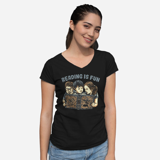 Reading Is Fun For Us-Womens-V-Neck-Tee-momma_gorilla