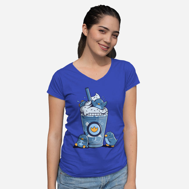 Penguin Iced Coffee-Womens-V-Neck-Tee-tobefonseca