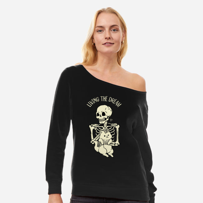 Living The Dream Skeleton Cat-Womens-Off Shoulder-Sweatshirt-tobefonseca