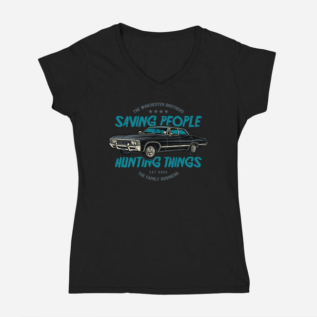 Saving People And Hunting Things-Womens-V-Neck-Tee-gorillafamstudio