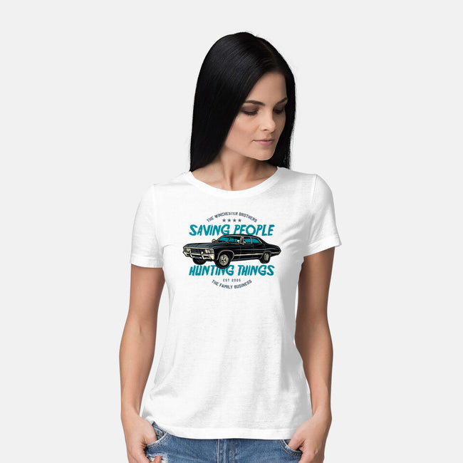 Saving People And Hunting Things-Womens-Basic-Tee-gorillafamstudio