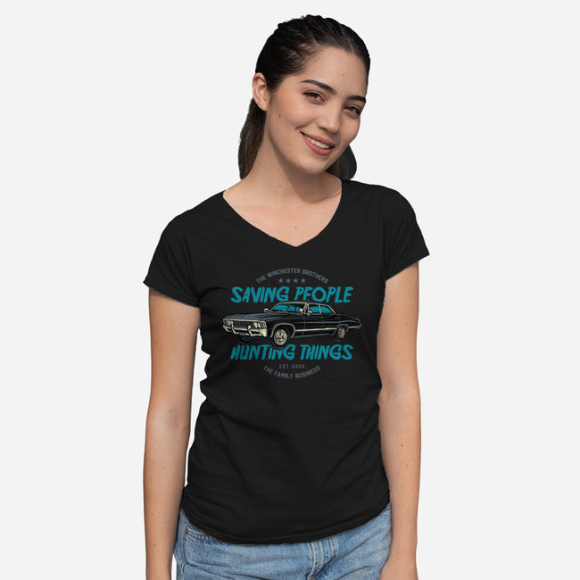 Saving People And Hunting Things-Womens-V-Neck-Tee-gorillafamstudio