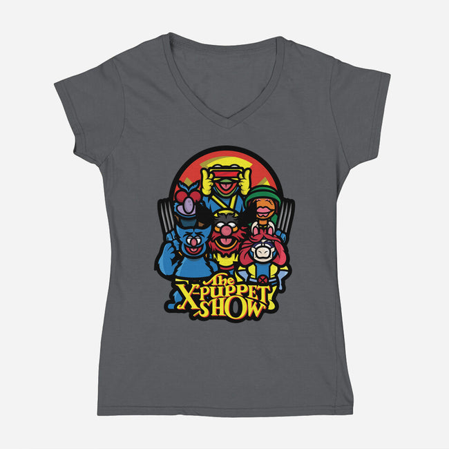 The X-Puppet Show-Womens-V-Neck-Tee-jrberger