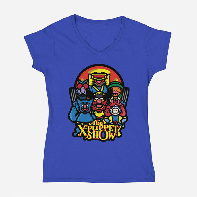 The X-Puppet Show-Womens-V-Neck-Tee-jrberger