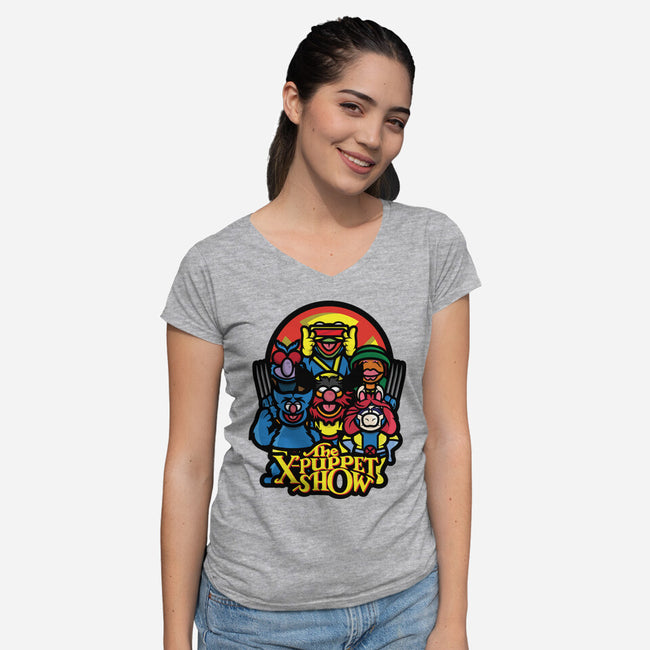 The X-Puppet Show-Womens-V-Neck-Tee-jrberger