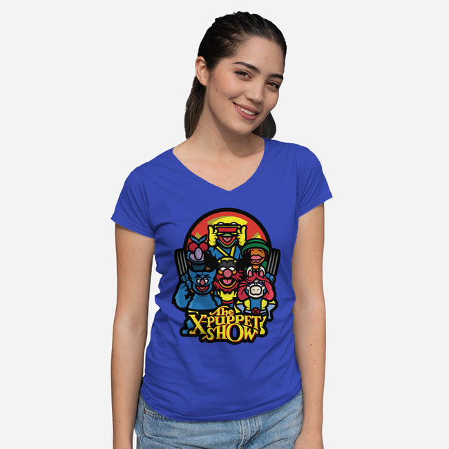 The X-Puppet Show-Womens-V-Neck-Tee-jrberger