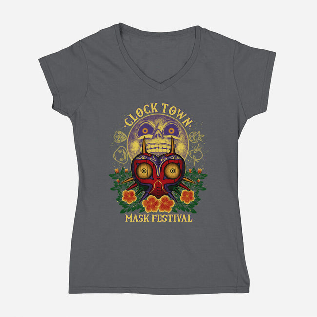 Clock Town Mask Festival-Womens-V-Neck-Tee-rmatix