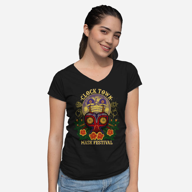 Clock Town Mask Festival-Womens-V-Neck-Tee-rmatix