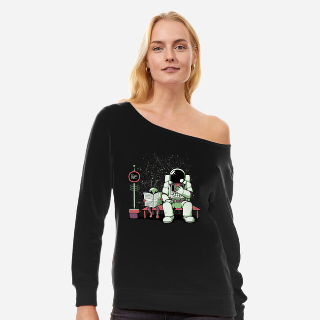 Bus Stop In Space-Womens-Off Shoulder-Sweatshirt-tobefonseca