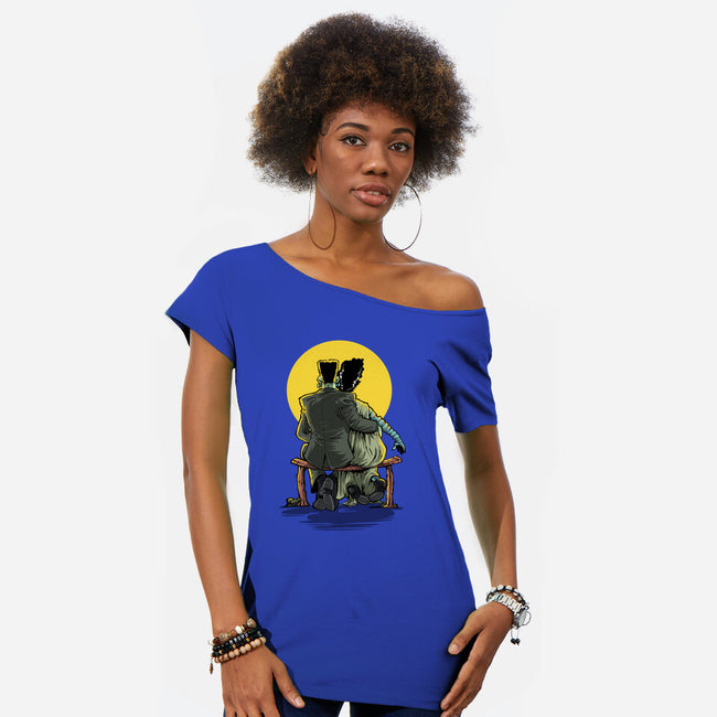 Monster And Bride Gazing At The Moon-Womens-Off Shoulder-Tee-zascanauta