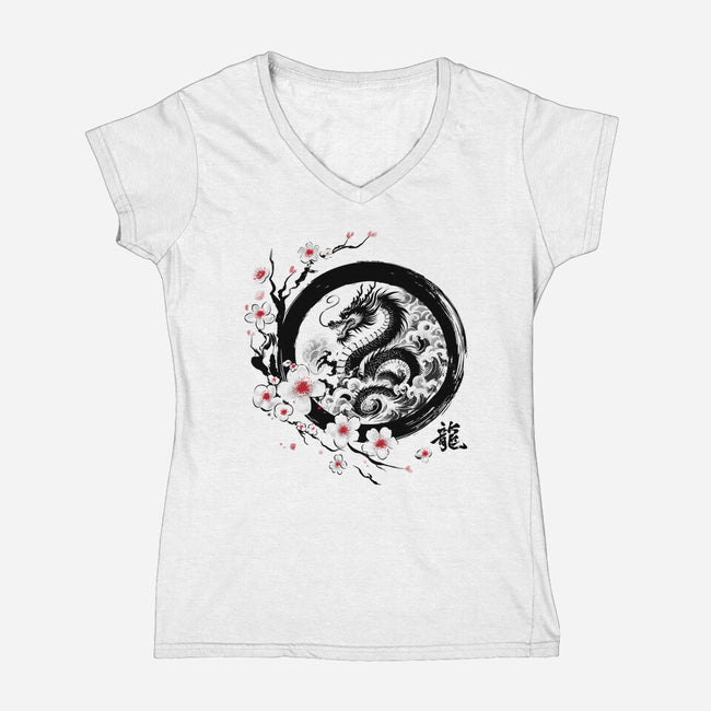 Year Of The Dragon Sumi-e-Womens-V-Neck-Tee-DrMonekers