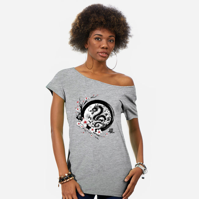 Year Of The Dragon Sumi-e-Womens-Off Shoulder-Tee-DrMonekers