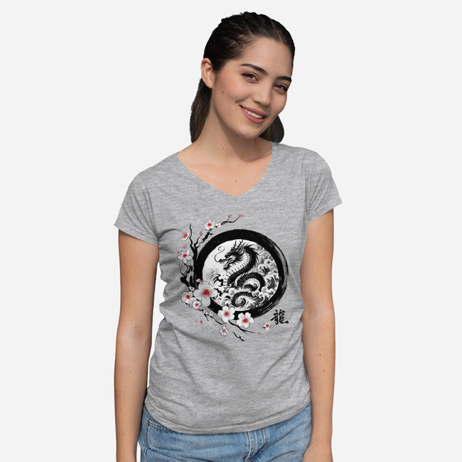 Year Of The Dragon Sumi-e-Womens-V-Neck-Tee-DrMonekers