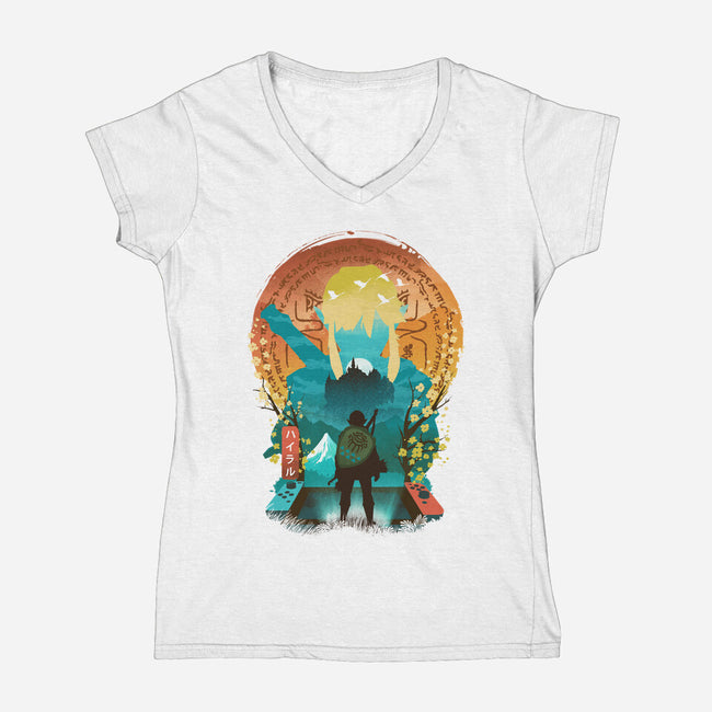 Ukiyo E Hero Landscape-Womens-V-Neck-Tee-dandingeroz