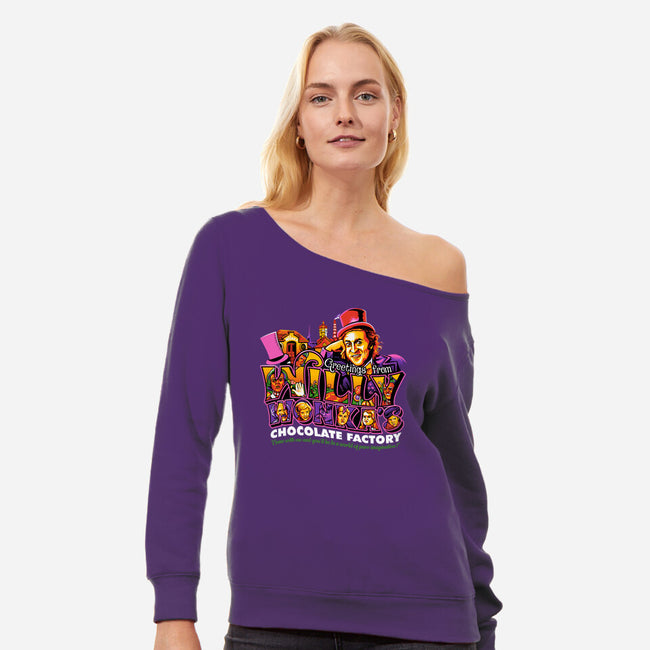 Greetings From The Chocolate Factory-Womens-Off Shoulder-Sweatshirt-goodidearyan