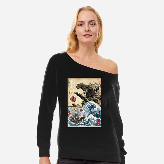 Straw Hat Pirates Meet Godzilla-Womens-Off Shoulder-Sweatshirt-DrMonekers