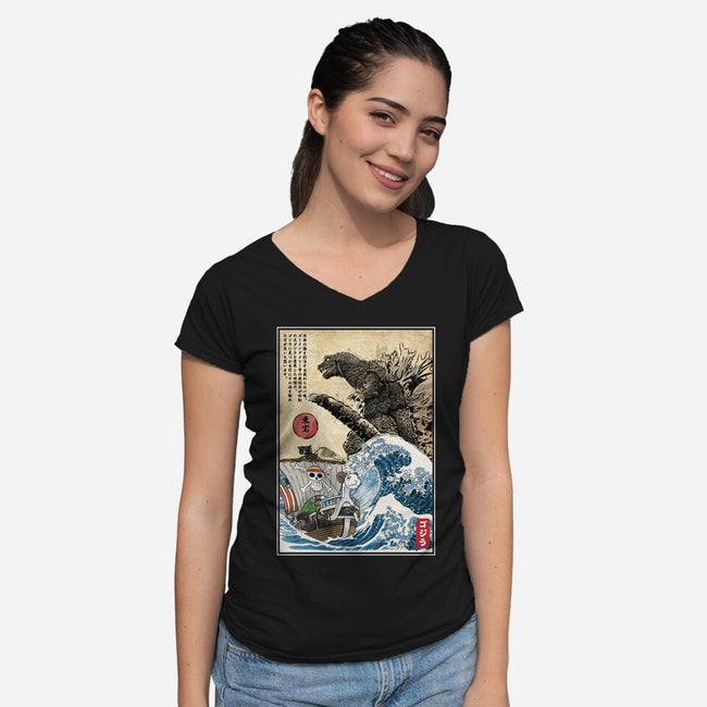 Straw Hat Pirates Meet Godzilla-Womens-V-Neck-Tee-DrMonekers