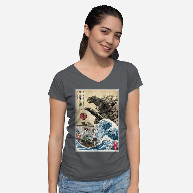 Straw Hat Pirates Meet Godzilla-Womens-V-Neck-Tee-DrMonekers