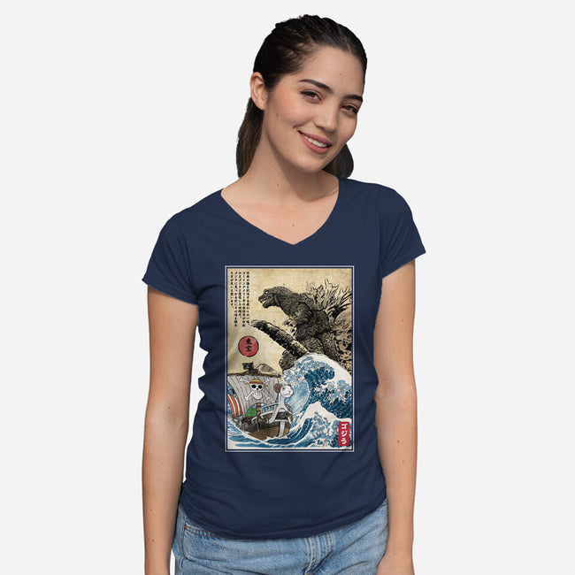 Straw Hat Pirates Meet Godzilla-Womens-V-Neck-Tee-DrMonekers