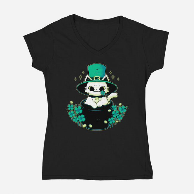 Cute St Patrick Cat-Womens-V-Neck-Tee-xMorfina