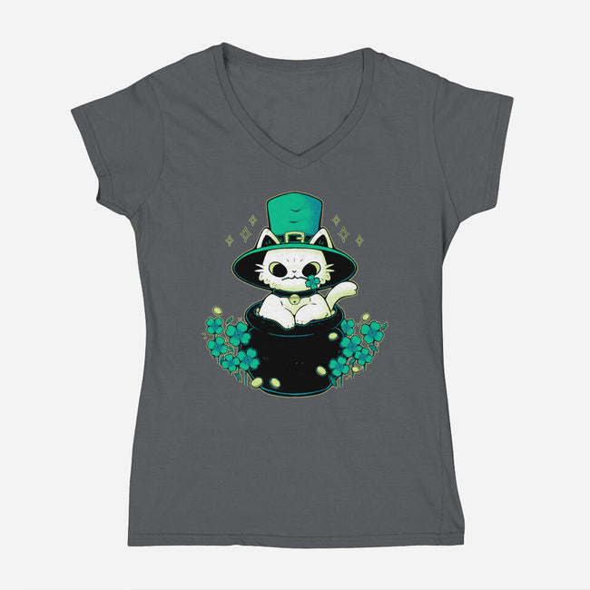 Cute St Patrick Cat-Womens-V-Neck-Tee-xMorfina