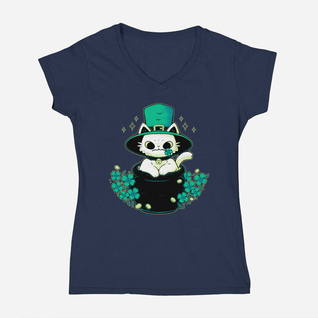 Cute St Patrick Cat-Womens-V-Neck-Tee-xMorfina