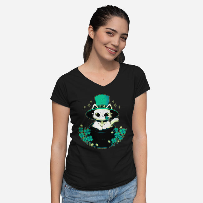 Cute St Patrick Cat-Womens-V-Neck-Tee-xMorfina