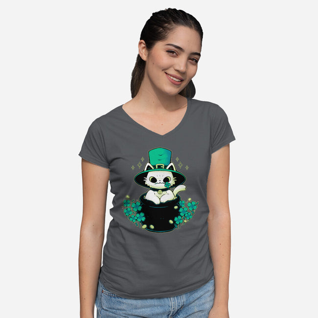 Cute St Patrick Cat-Womens-V-Neck-Tee-xMorfina